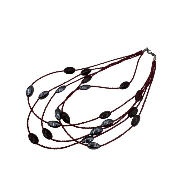Multi-Strand Red Beaded Necklace with Oval Iridescent Glass Beads - Picture 6 of 8